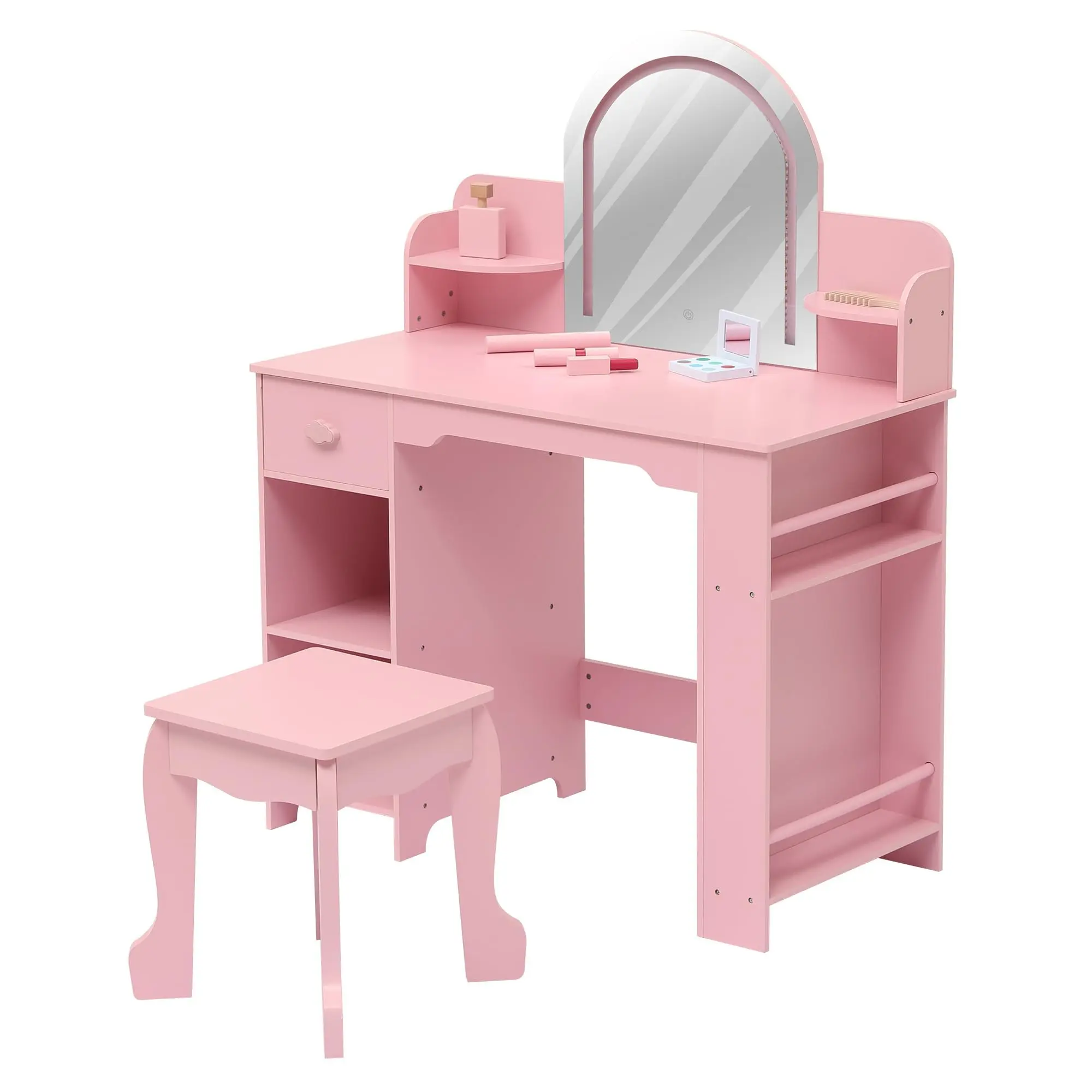 GARVEE Adjustable LED Mirror Princess Vanity Table for Girls Ages 3-9 with Drawer, Book Shelf, and Stool – Pink Makeup Station for Bedroom or Playroom with Accessories