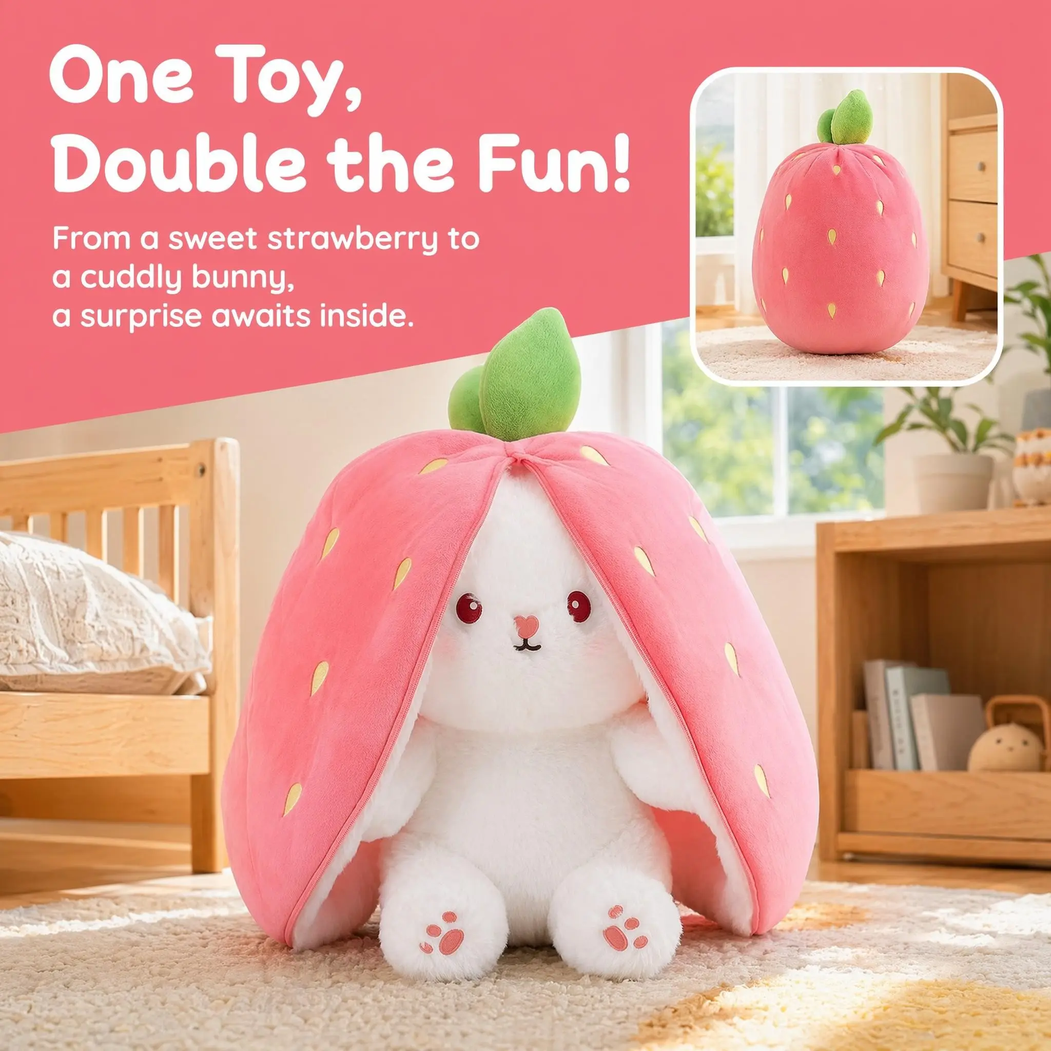 18/25 Cm Creative Carrot Strawberry Bag Transform to Rabbit Plush Toy, Lovely Long Ears Bunny Stuffed Soft Doll, Kawaii Kids Gifts