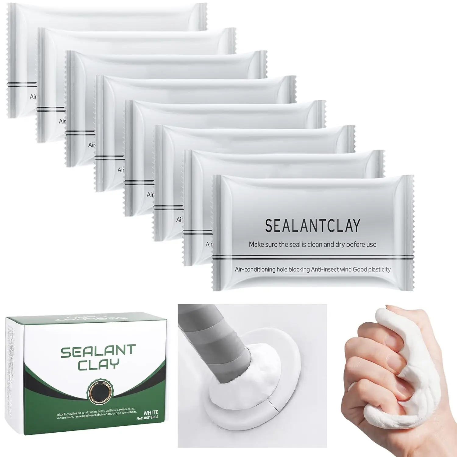 Waterproof Sealant Mastic,Pack of 8 White Seal Putty Waterproof Duct Seal Repair Sealing Clay, Quick Mending Mud  Drain Connection, Wall Hole, Air Conditioning Hole Seal Putty