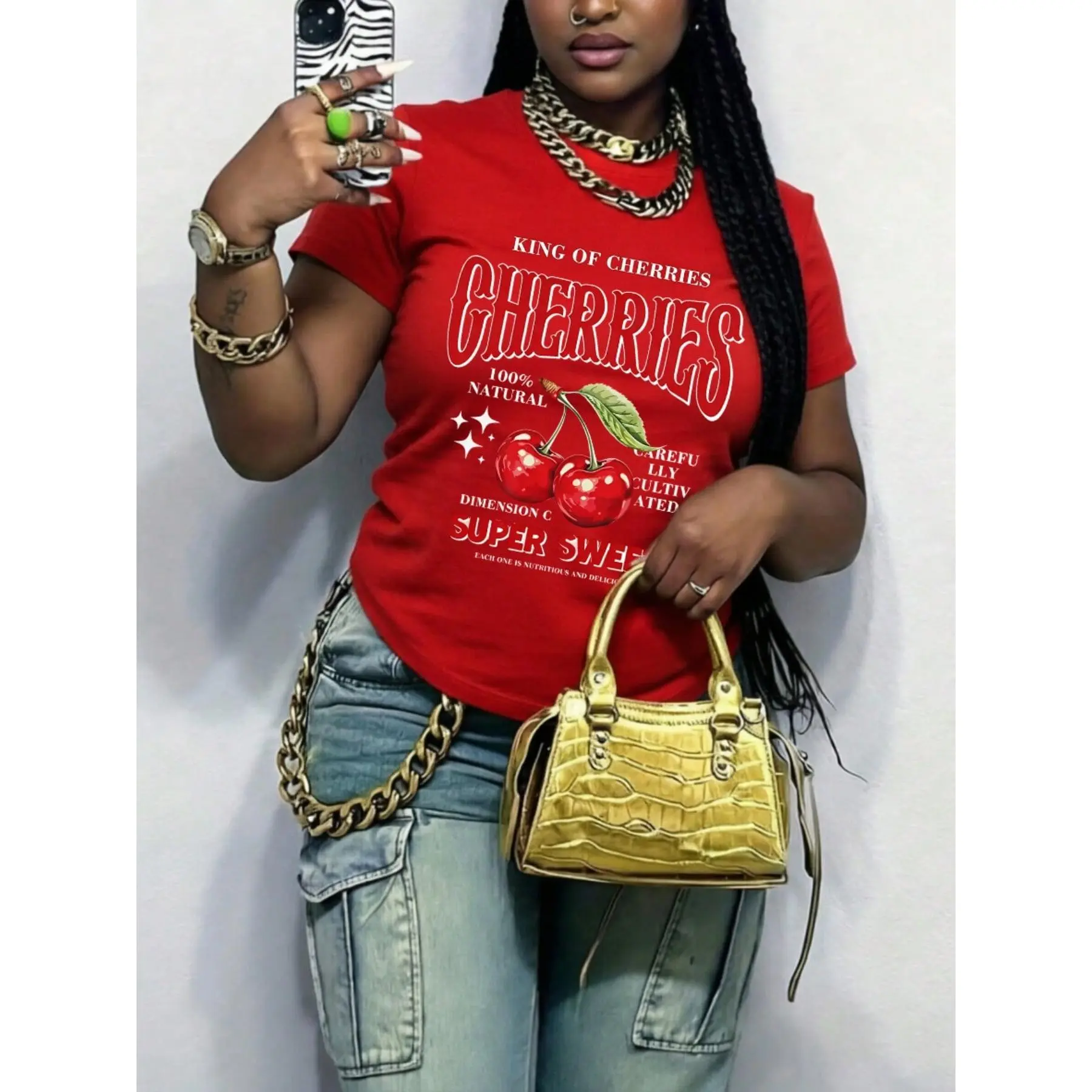 Women's Plus Size Knitted 220g 100% Cotton Short-Sleeve Graphic T-Shirt - Cherries Print, Y2 Streetwear, Curvy Lady's 1-Piece Sports Top, Breathable Fabric, Summer Going Out Workout Basic