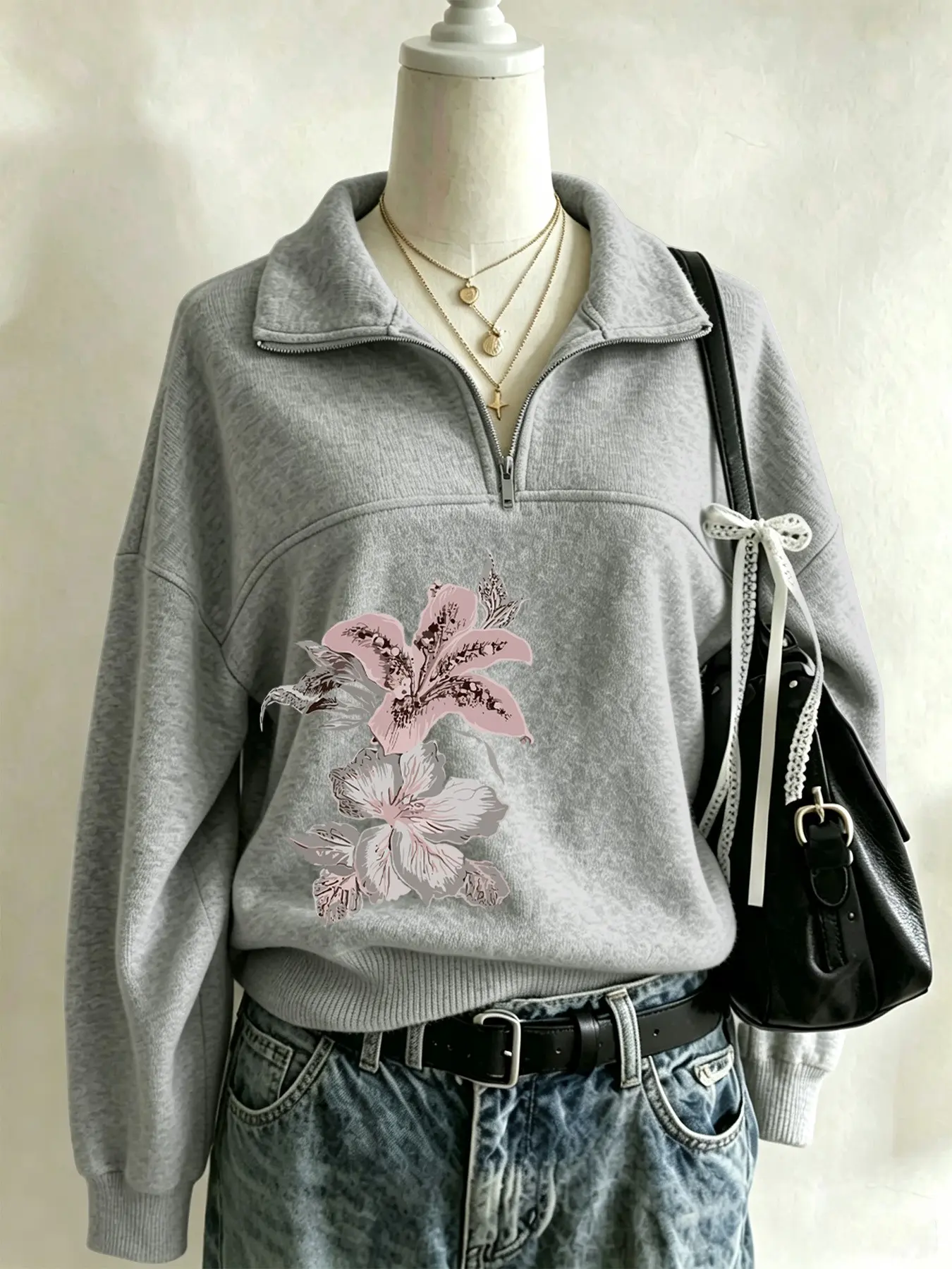 Women's Light Baggy Sweatshirt, Y2K Floral Print Zipper Collar Drop Shoulder Pullover, Loose-Fit Street Style for Teen Girls, Fall & Winter
