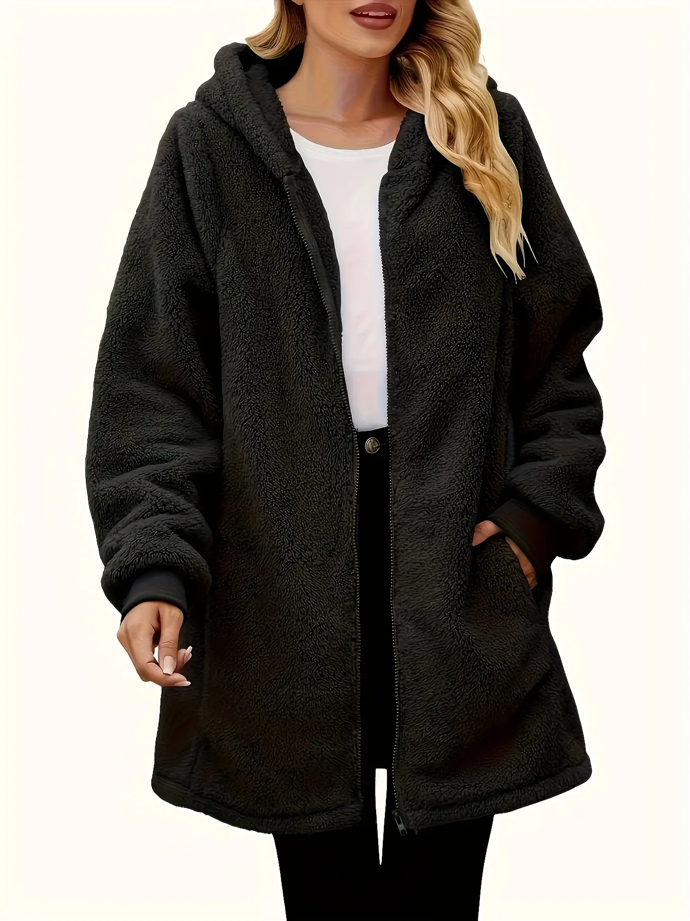 Women's Winter Fashion Hooded Long Sleeve Zipper Plush Cardigan, Plus Size Casual Loose Fit Coat Jackets, Warm Knit Sweater for Cold Weather