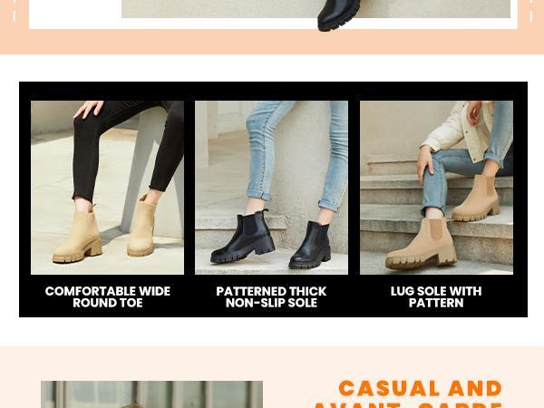 Women's Chelsea Boots Fashion Lug Sole Chunky Heel Slip on Elastic Ankle Booties