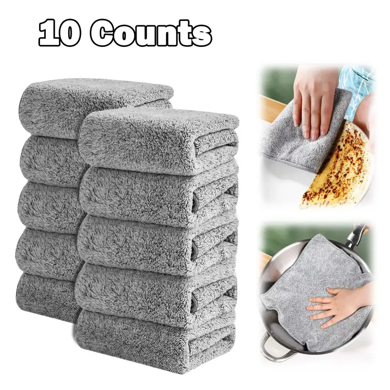 10-Count Soft Reusable Bamboo Charcoal Microfiber Cleaning Cloths, Super Absorbent Multipurpose Rags for Sports & Outdoor Gear, Kitchen, Car Dust Removal