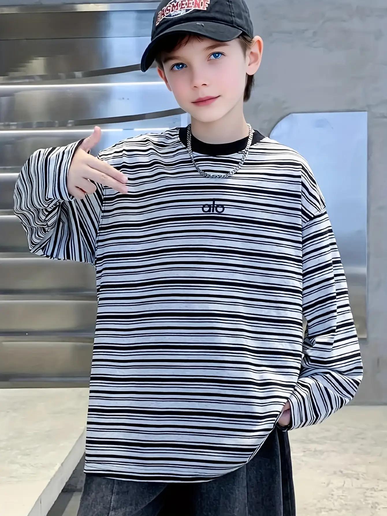 Boys' Oversized White & Black Striped Sweater Jacket - Long Sleeve Round Neck H-Line Tunic, Soft -like Stretch Fabric (No) for Spring/Fall Layering, Casual & Casual Attire - Easy-Care ' Sweater