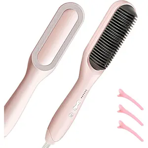 Women's Ionic Hair Straightening Brush - 5 Temp Settings, Fast Heating, Dual Voltage, Anti-Scald, Auto-Shut Off (Pink)