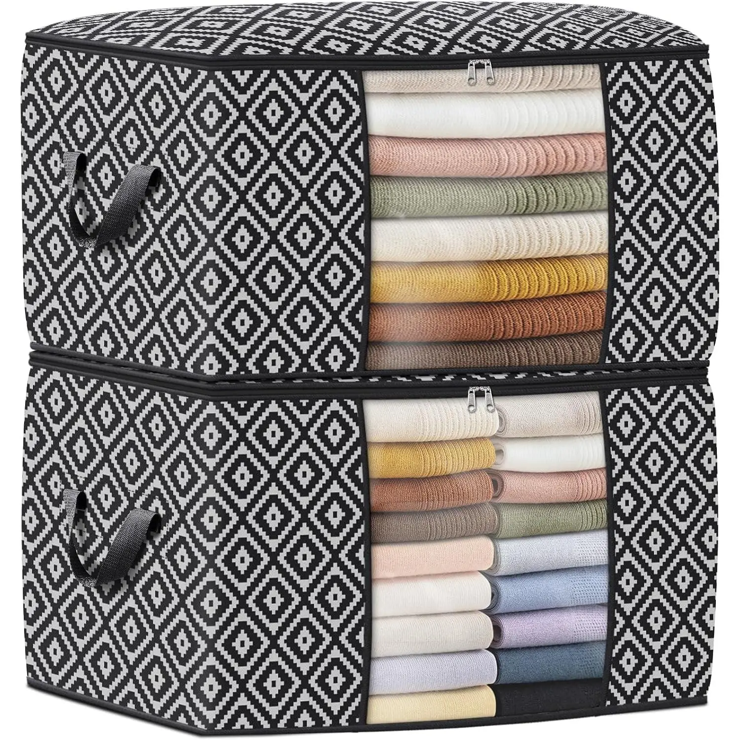 Direct 100L, 2 Pack, Storage Containers, Large Clothes Storage Bins Foldable Organization and Storage Bags with Reinforced Handle, Clear Window for Bedding, Blankets, Clothing, Black