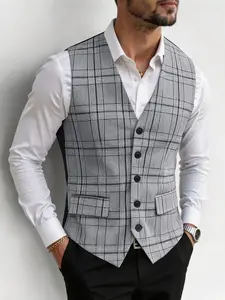 Men's Plaid Slim Fit Suit Vest, Vintage Checkered Commuter Casual Vest, Tailored Hem, Adjustable Back Buckle, Pockets, British Texture Fabric