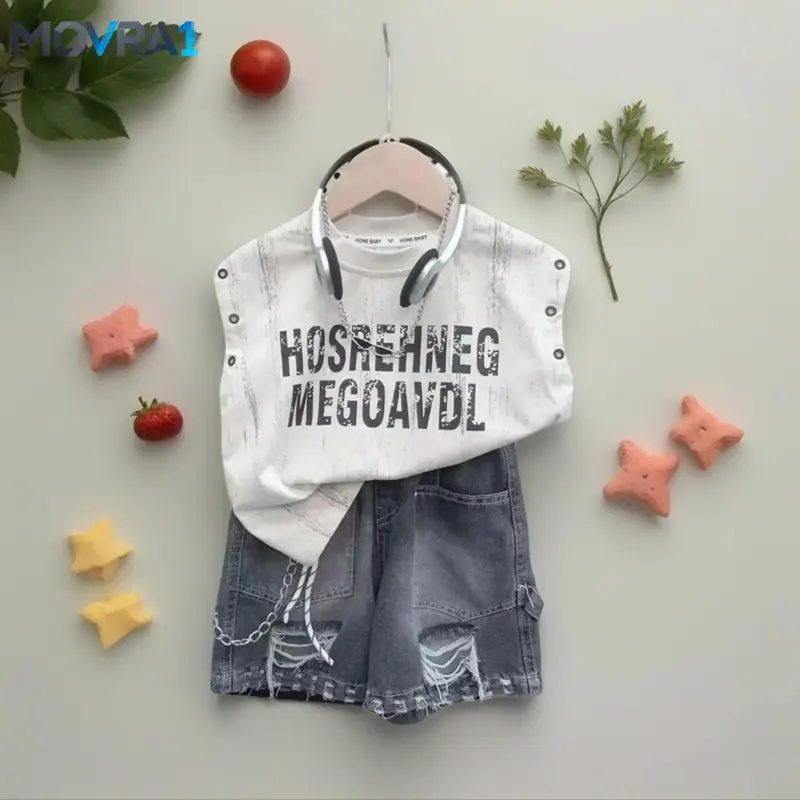 MOVRA1 A Stylish And Trendy Sleeveless Letter Outfit Boys, Paired with Ripped Faux Shorts, Perfect, Featuring a Two-Piece Hip-Hop Style Kids, Outdoor