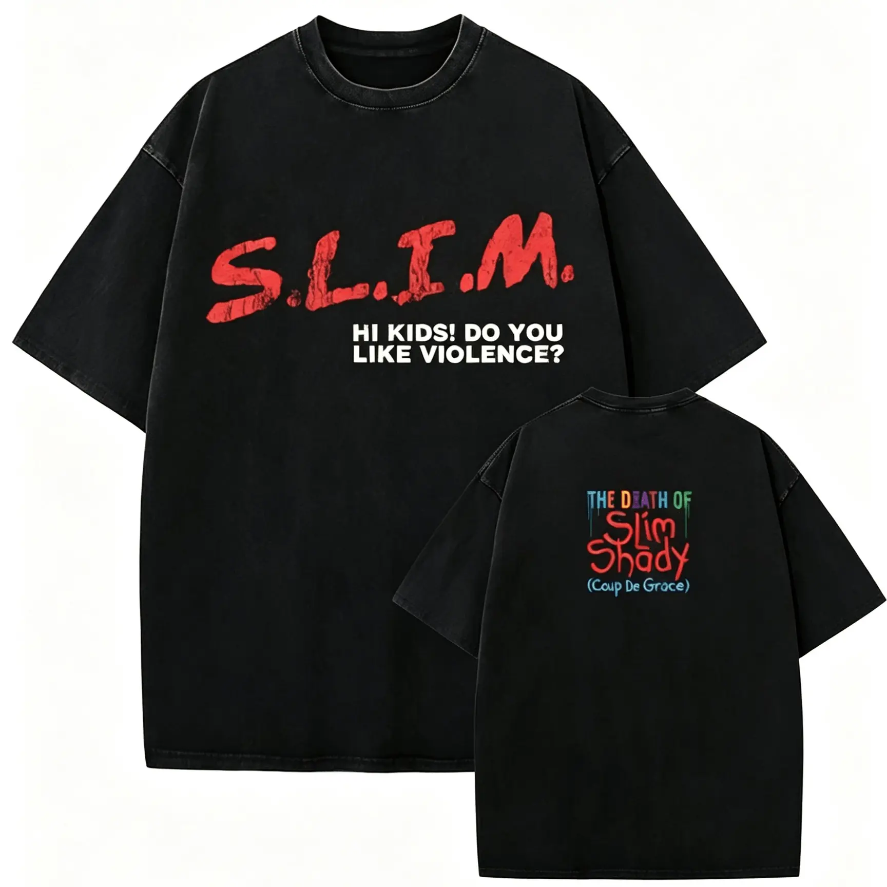 Black Vintage Wash Hip Hop Graphic T-Shirt, Two-Sided Slim Shady Text Print Crewneck Tee, Breathable Streetwear For City Walk, Night Meetup, Style With Stacked Silver Jewelry