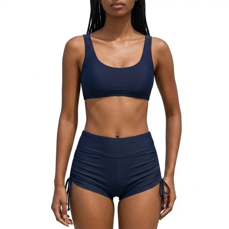 Female High-Waisted Adjustable Side-Tie Swim Shorts - Nylon Blend Fully Lined Water Sports Bottoms for Surfing, Swimming