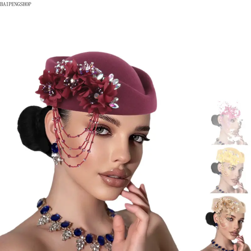 Vintage Wool Pillbox Fascinator Hat, Women’s Elegant Floral Rhinestone‑Accent Costume Headpiece, Sophisticated Styling Accessory for Wedding Ceremonies & Tea Party Occasions, Rhinestones, Round