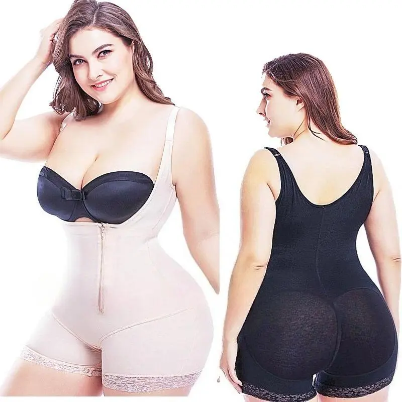 Faja Colombiana Butt Lifter Bodysuit Zipper vant plat Compression Full Body Shapewear Mesh OpenBust Breathable Bodysuits Body Shaper Control  Underwear black solid color