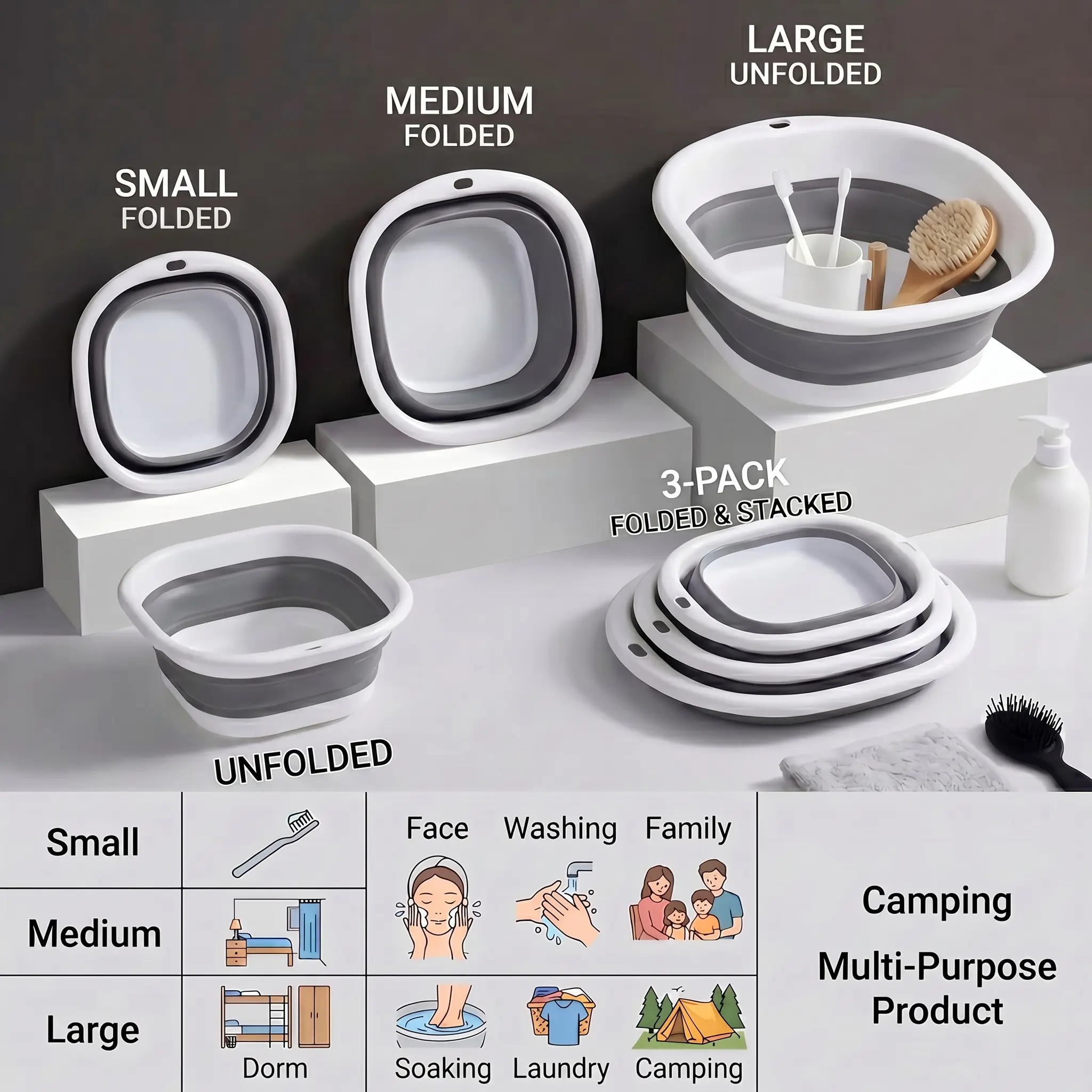 3 Packs Collapsible Wash Basin Set Small Medium Large, Foldable Basin, Multi-Size Space Saving Collapsible Sink Combo for Face Care, Makeup Washing, Dormitory, Apartment, Foot Soak, Camping RV Travel