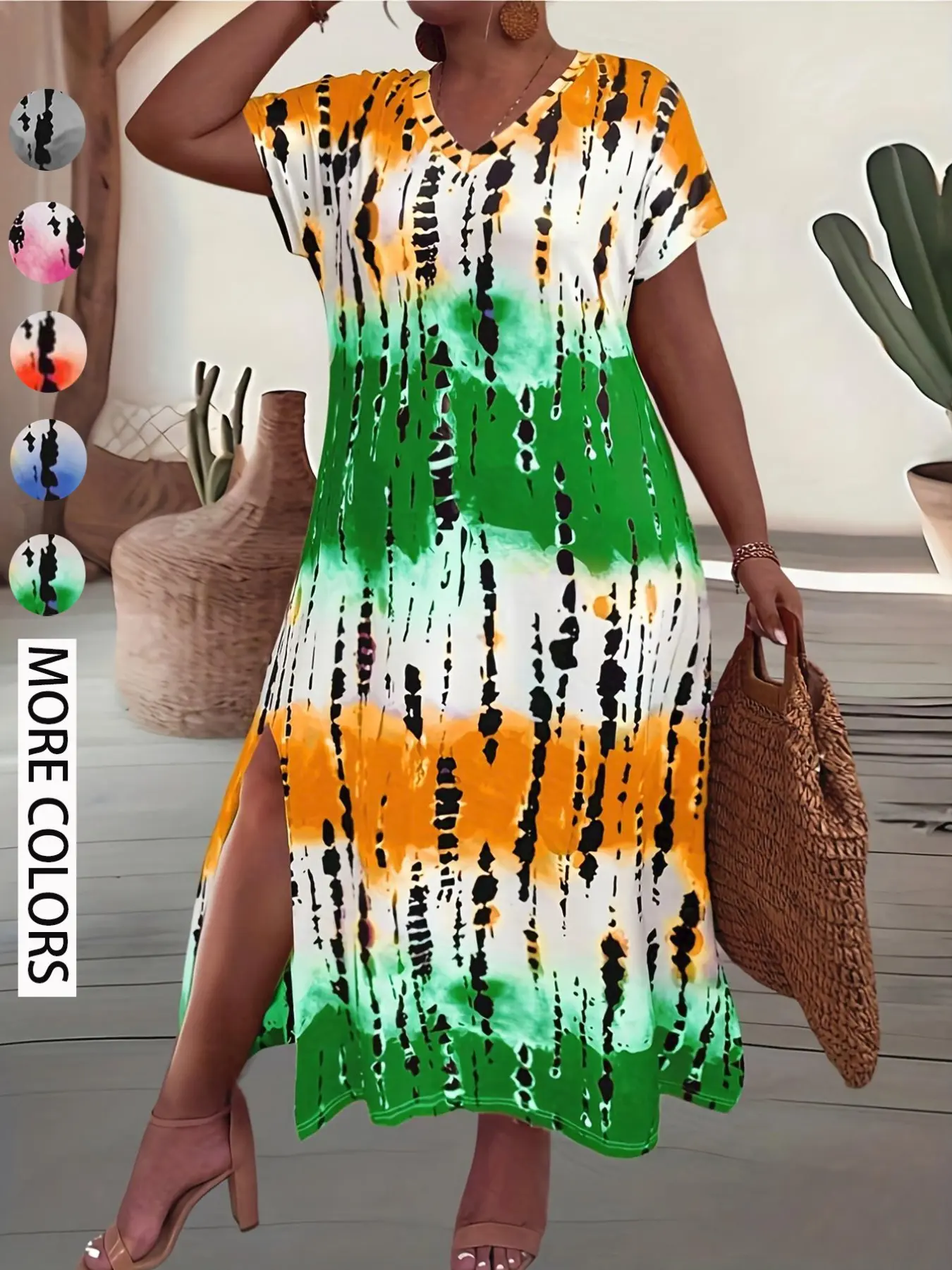 Cross-Border European and American Plus Size Women's Summer New Casual Chic Long Dress, V-Neck Short Sleeve Loose Tie-Dye Print Dress, Casual Beach Sundress