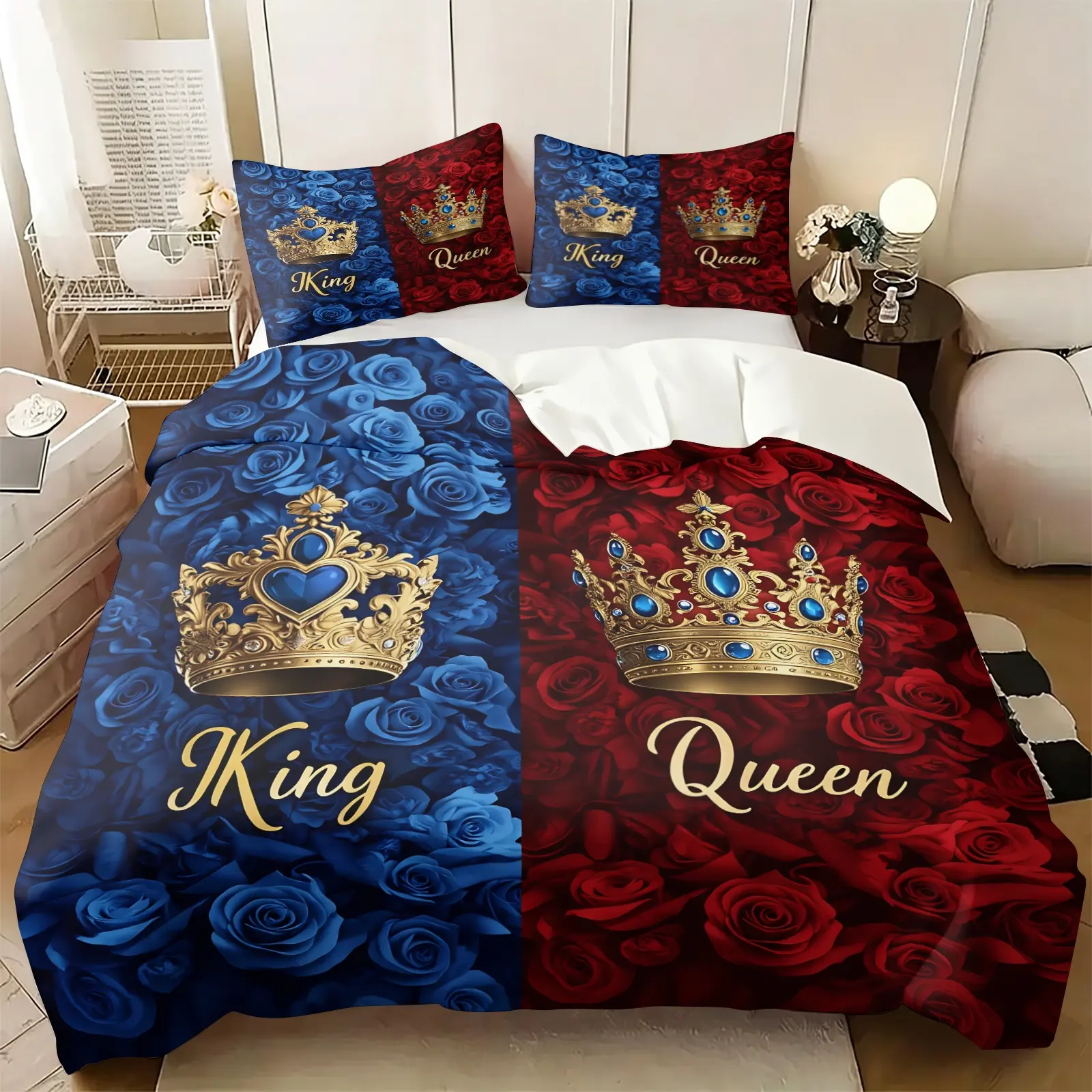 Luxury King Queen Crown Rose Print Duvet Cover Set, Includes 1-2 Pillowcases, Couple Rose Royal Crown Breathable Bed Set, Wedding Romantic Decor Home Bedding, Romantic Wedding Bedroom Decor, Valentine Gift