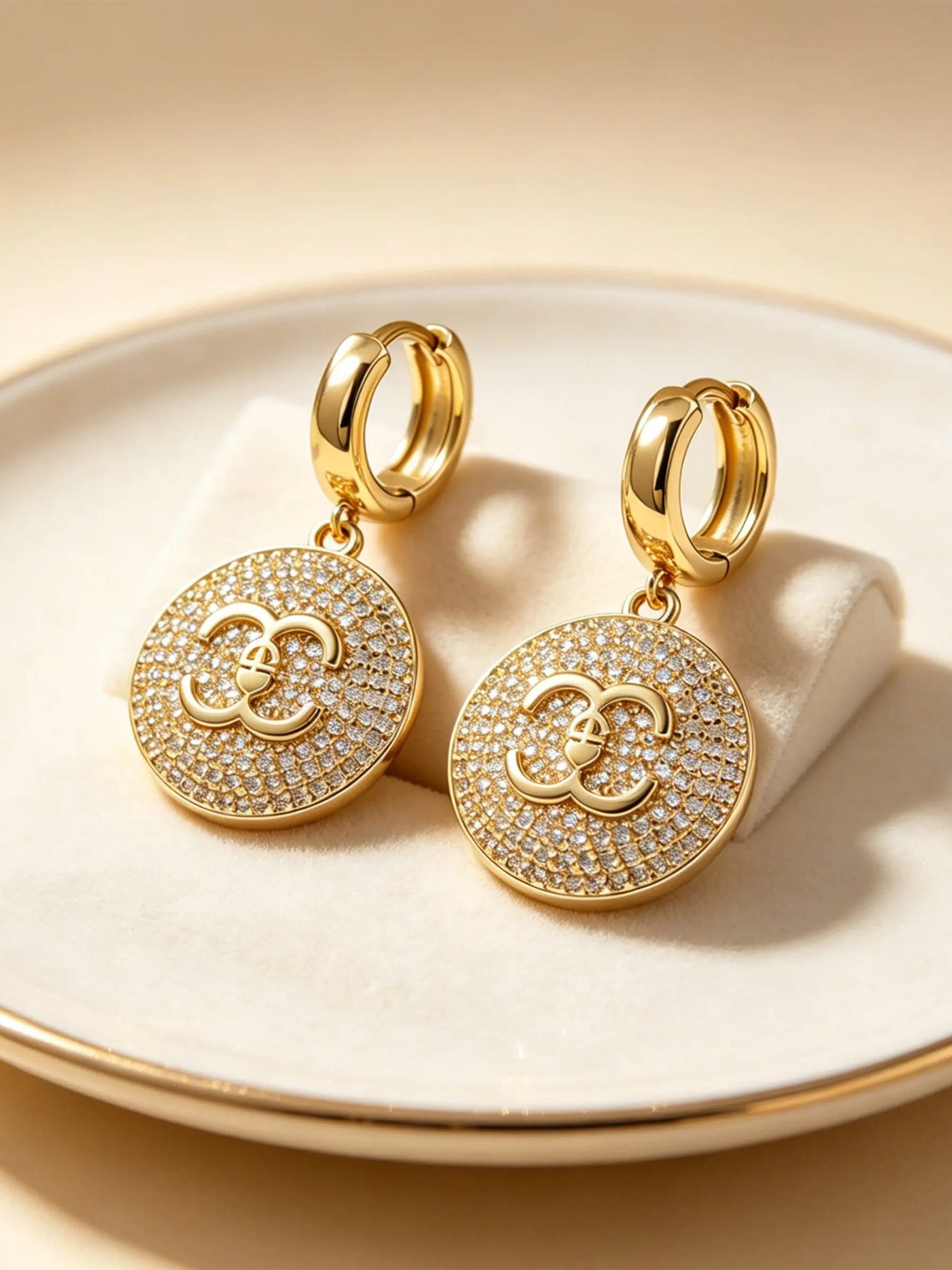 1 Pair Double C Logo Circular Disc Pendant Earrings, Women's Cubic Zirconia Pendant Earrings, Fashionable and Luxurious Copper Jewelry