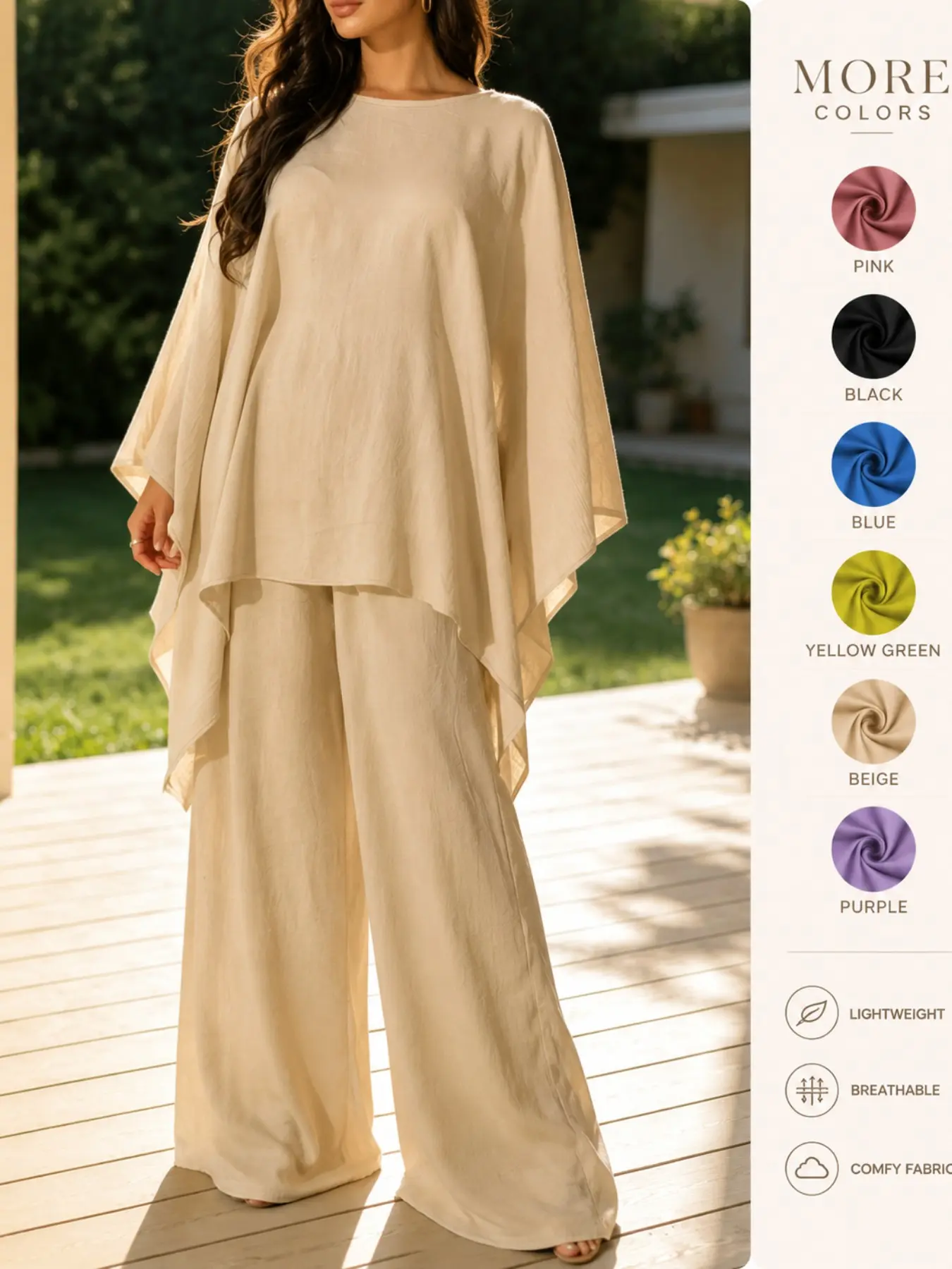Women's 2-Piece Wide Leg Pants Set, Lightweight Soft Fabric, Cape-Style Loose Top + High-Waisted Pants, Summer Fashion