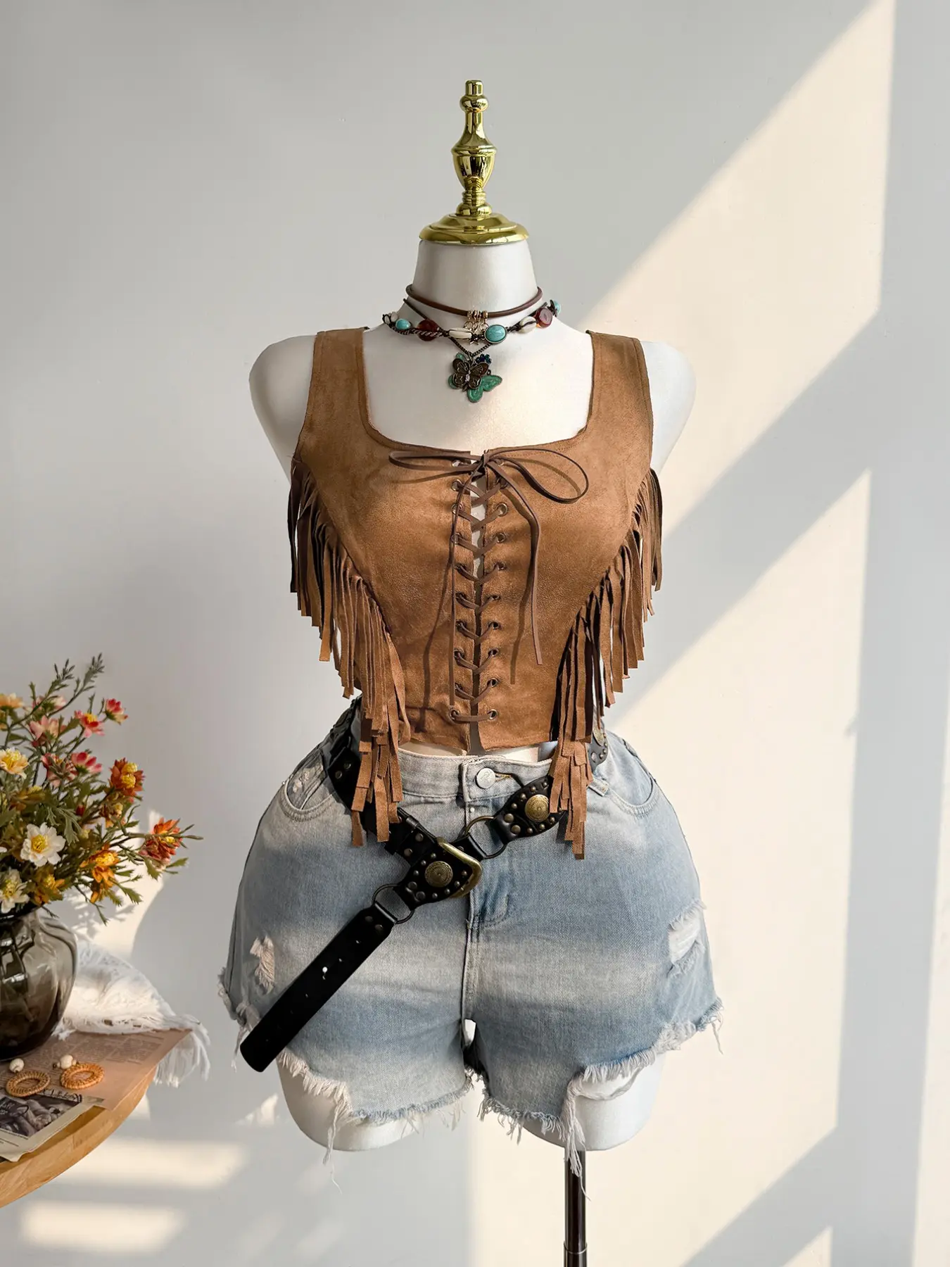 Vintage High-End Deer Skin Velvet Fringe Tie-Front Crop Camisole Vest, Sleeveless Backless Fitted Design, Perfect for Spring & Summer