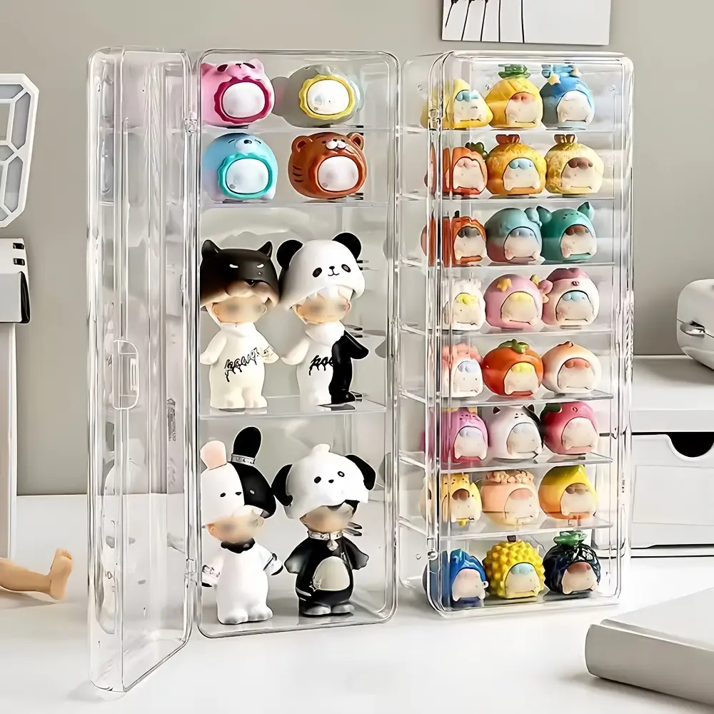 Acrylic 8-Compartment Display Case with Lid - Dustproof, Space-Saving Home Organizer Storage Box with Removable Dividers, Transparent Shelves for Figurines, Dolls/Action Figures, Girls' Accessories