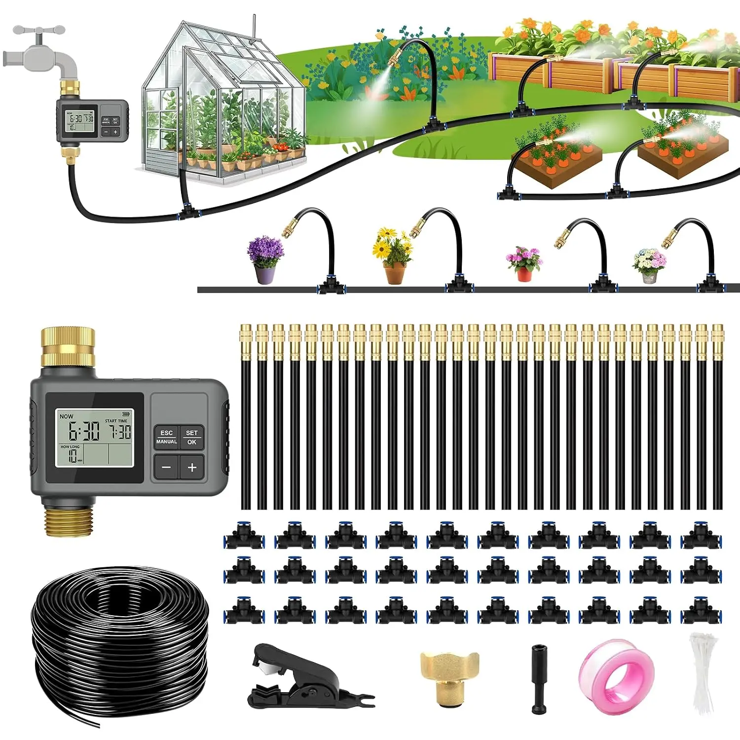 120 Ft Drip Irrigation System with  Water Timer – Automatic Garden Watering Kit with Solid Brass Metal Connectors, 360° Adjustable Nozzles & Bendable Tubing for Garden, Greenhouse & Lawn