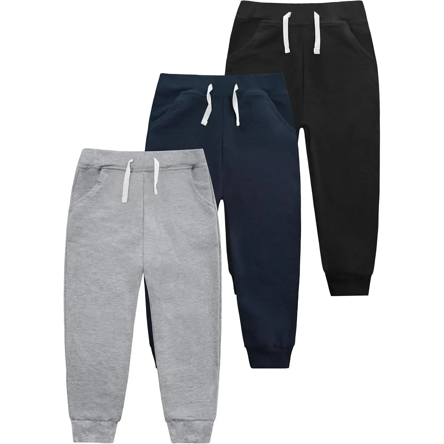 Boys' Sweatpants 3-Pack - Soft Cotton Jogger Pants with Pockets, Elastic Waist Drawstring for Kids School Sports