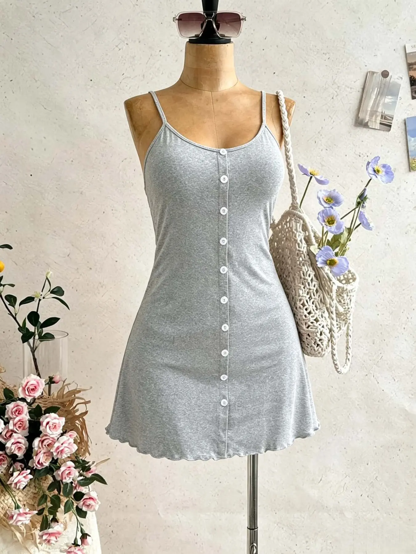 Elegant U-Neck Mini Dress with Thin Straps, Button Front, Ruffled Hem, Stretchy Fit, A-Line, Perfect for Home & Office, Petite Friendly, Casual