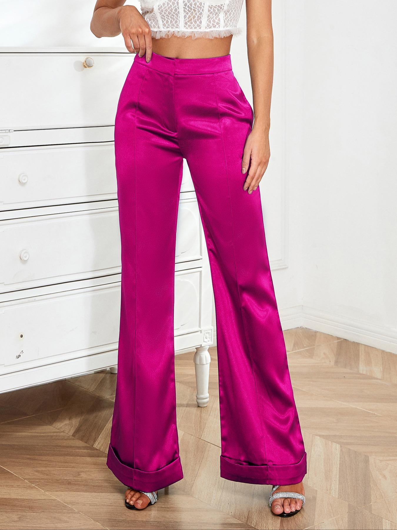 Women's Plain High Waist Flare Leg Basic Pants, Flared High Waist Casual Pocket Design Satin Bell Bottoms Trousers for Daily Wear, Ladies Comfort Bottoms for All Seasons, Lady Minimalist Womenswear