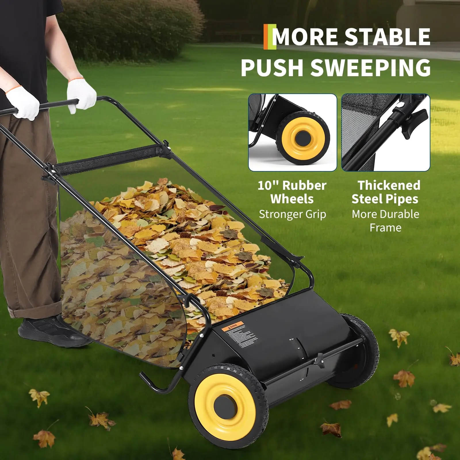 21‑Inch Push Lawn Sweeper, Manual Leaf and Grass Collector for Yard Garden Clean‑Up, 4 Upgraded Spinning Brushes, Adjustable Handle Height, 3.5 Cu.Ft Large‑Capacity Collection Bag, Green