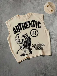 Y2K Street Style Rivet Patch Decorated Sleeveless Vest, Face-Palming Portrait Pattern, Authentic "I'm Allergic to People" Slogan Print, Punk Rock Style, Avant-Garde Alternative Dark Aesthetic Vest