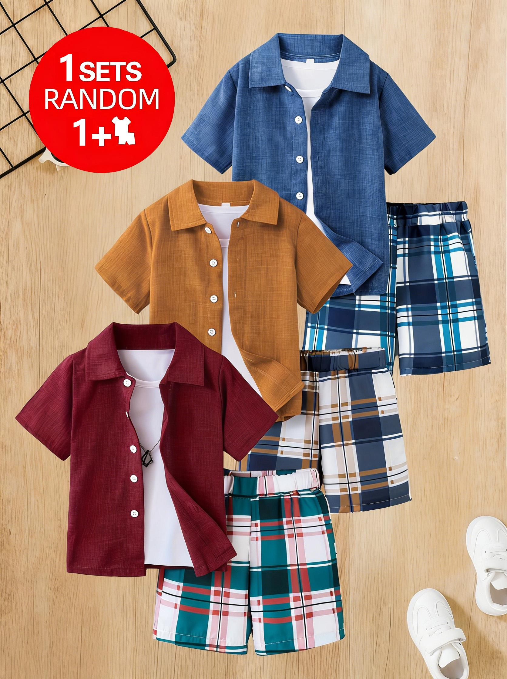 Randomly 1 Set, 2pcs, Boys' Shirt And Shorts Set, Featuring A Checkered And Striped Pattern with Printed Stitching, Fashionable And Trendy, Versatile, 3-12Y Teen Boy Clothing, Casual Wear, Outdoor Sports, Easter Giftr, Polyester, Perfect for Outdoor