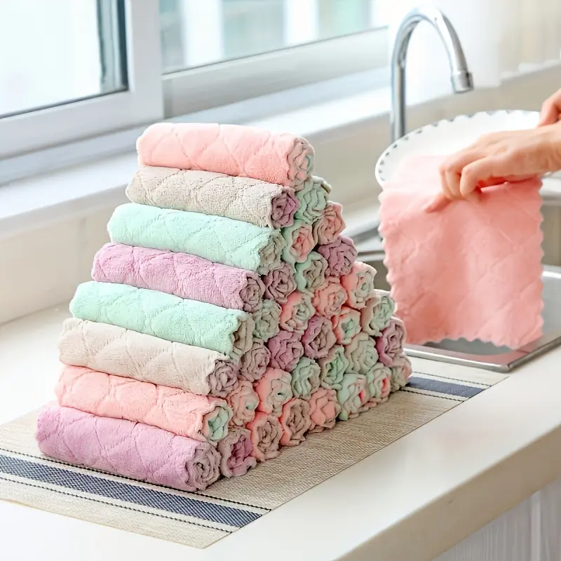 12pcs Microfiber Dish Cloths, Thickened Coral Velvet Double-sided Dish Towels, Soft Absorbent Towels, Strong Stain Removal, Scouring Pads, Reusable, Machine Washable for Kitchen, Bathroom, Car, Window, Kitchen Supplies, Cleaning Supplies