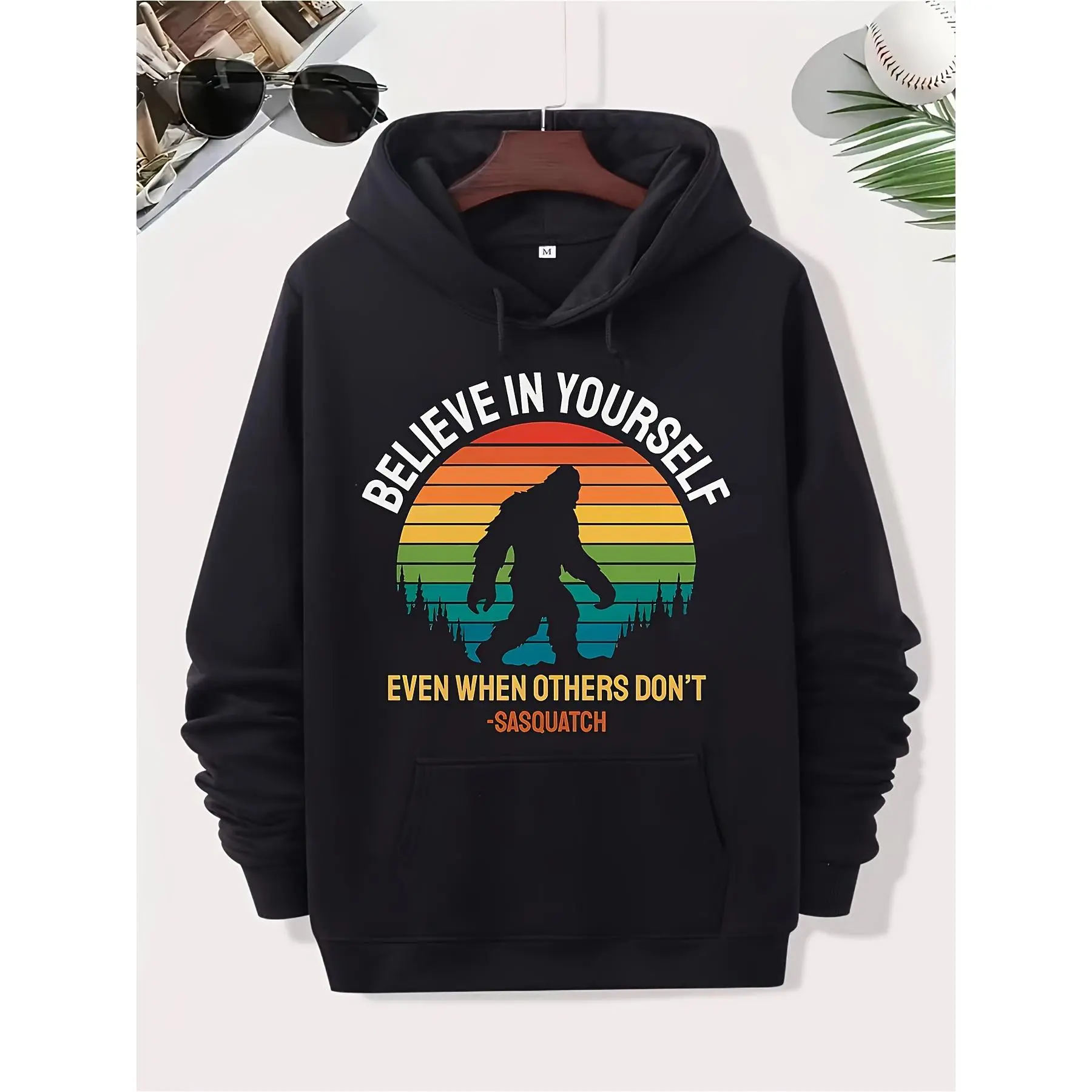 Men'S Motivational Sasquatch Hoodie - Design That Inspires Self-Belief, Casual Streetwear, Soft, Long Sleeves, Round Neck, Regular Fit with Pockets, Everyday Comfort Clothing. Classic Black Pullover Featuring a Kangaroo Pocket, Blend