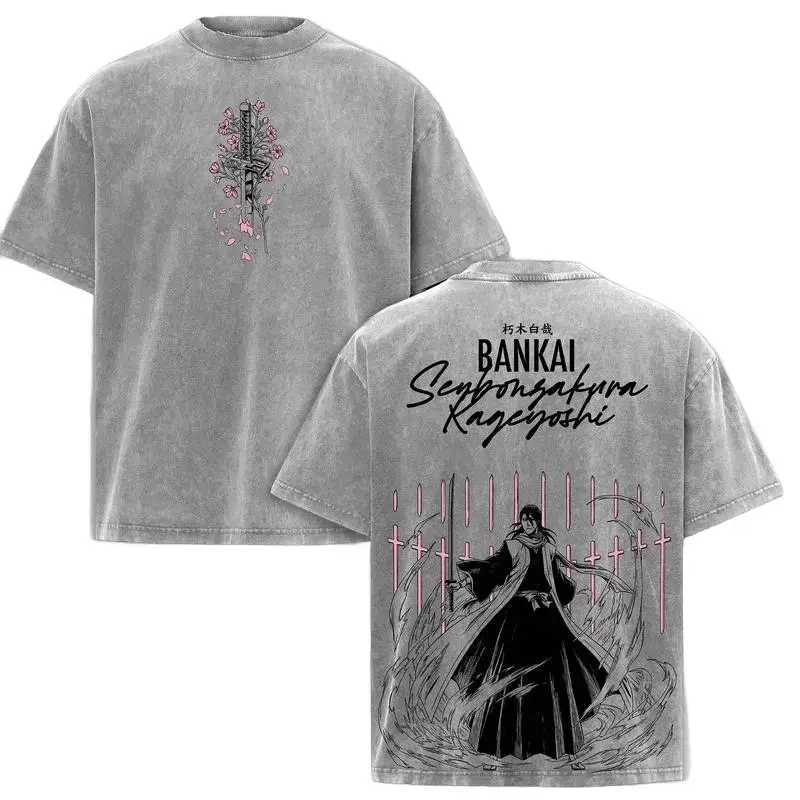 Bleach Byakuya Senbonzakura Bankai Double Sided Vintage Crew Neck Short Sleeve Unisex T shirt, Versatile Casual Anime Expo Comic Con Skate Park Otaku Streetwear Everyday Manga Outfit Tee For Men Women