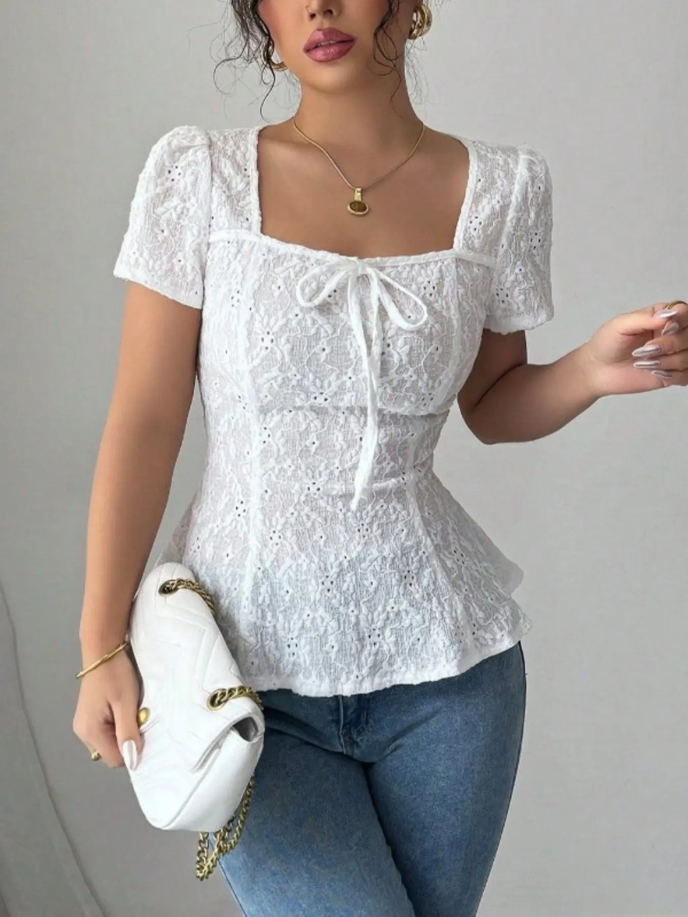 Celderio Women's Fashion Casual Top, Short Sleeve Square Neck Slim Fit Bow Shirt, Perfect for Everyday Wear