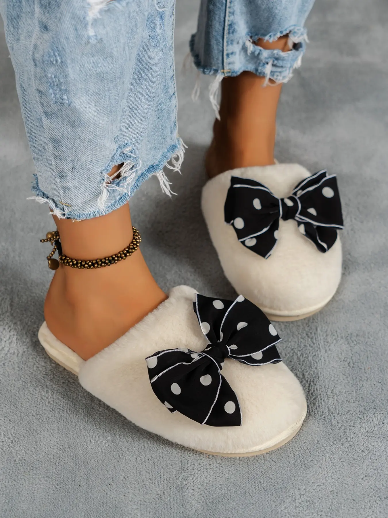 Women's Velvet Slippers, Bow Decor, Colorblock Fashion, Lightweight Office & Casual, Soft Rubber Sole, Comfortable Home Shoes, Indoor Home Slippers