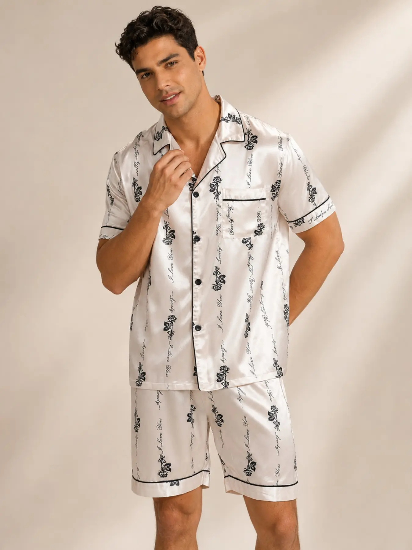 Men's Satin-Like Lapel Short Sleeve Shorts Pajama Set, Letter Floral Print Loose Home Wear Two-Piece Set, Casual Slim-Fitting Sleepwear