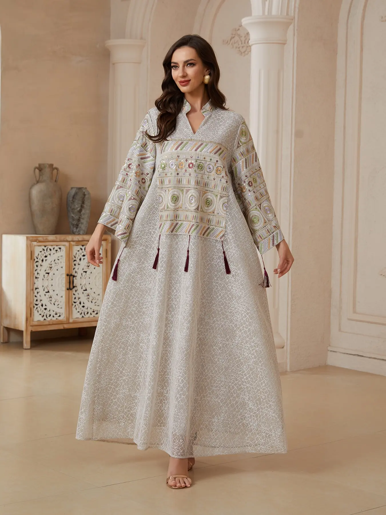 Elegant Middle Eastern Style Aesthetic Women's Jalabiya Dress, V-Neck Beaded Shimmer Fringe Embroidery, Arabic Clothing for Formal Festivals and Daily Wear