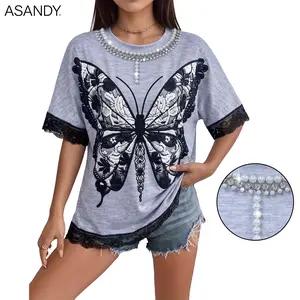 ASANDY Women's Butterfly Embroidered T-Shirt, Pearl & Rhinestone Neckline, Lace Trim Short Sleeve Loose Fit Top