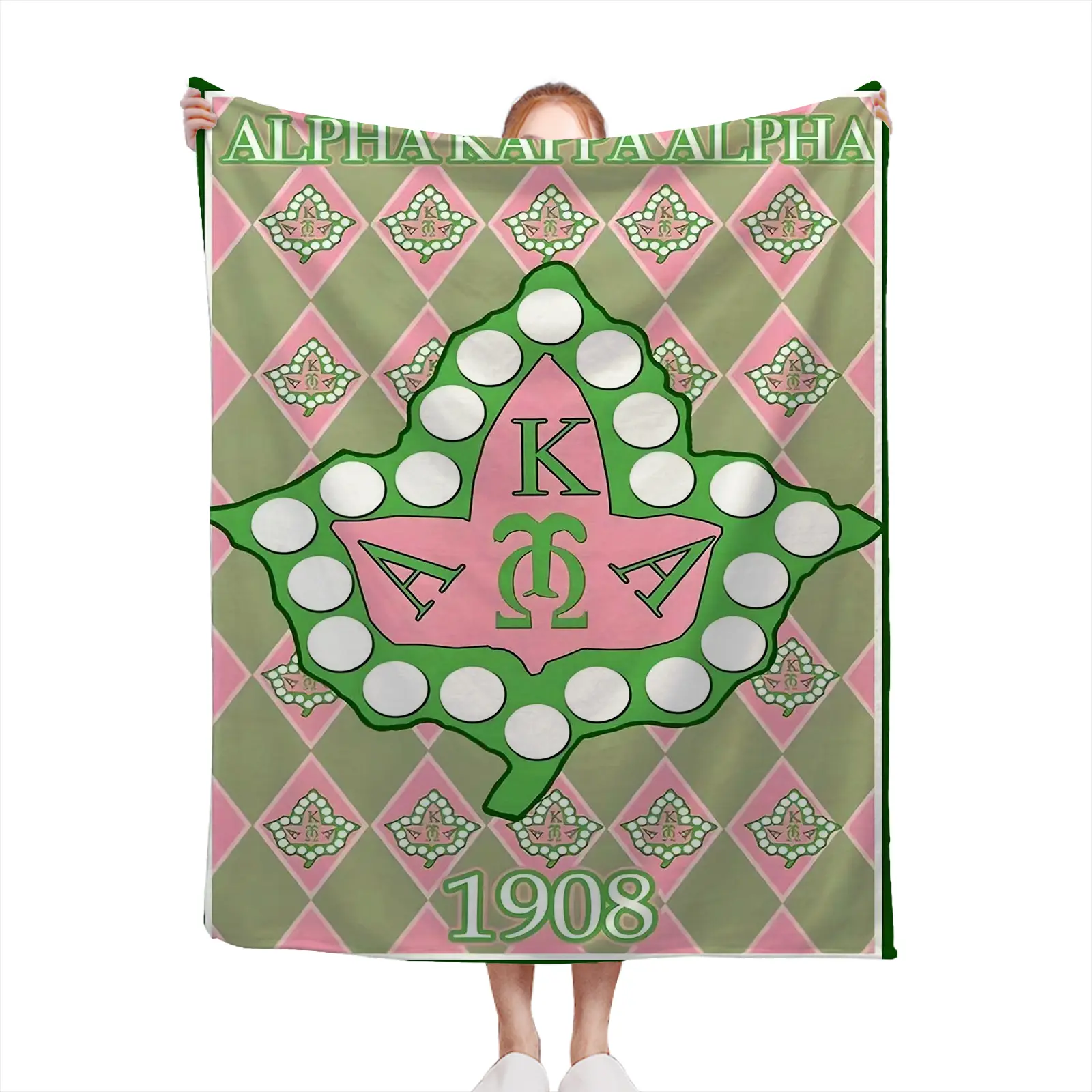 Soft Cozy Throw Blanket Fleece Green Pink Alpha Kappa Alpha 1908 Sorority Print Custom Design For Dorm Room Winter Gift2607230339