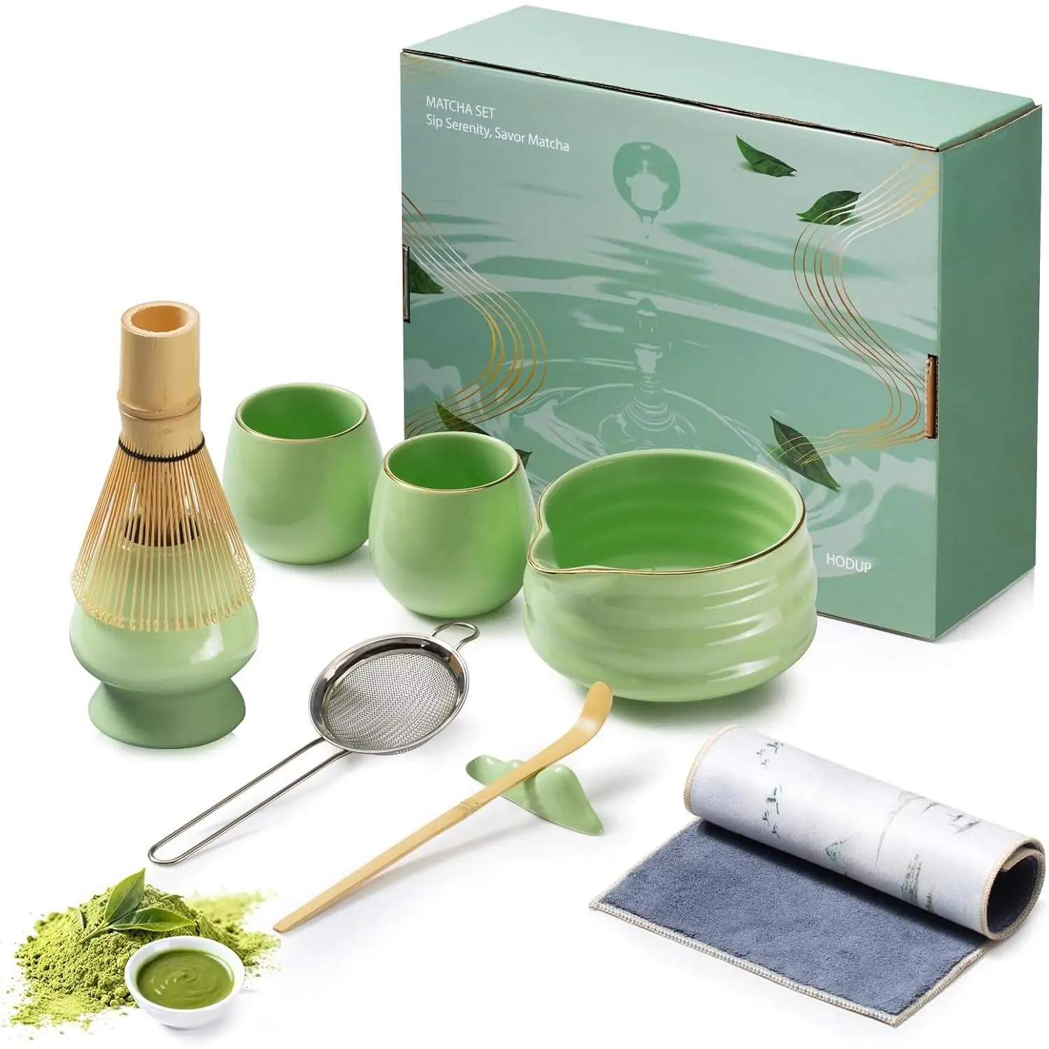 9-Piece Japanese Matcha Set Green Ceramic Tea Making Kit Gift Box 18oz bowl 2 gold-inlaid cups sifter & whisk holder handcrafted bamboo tools ideal gift for beginners & matcha tea lovers