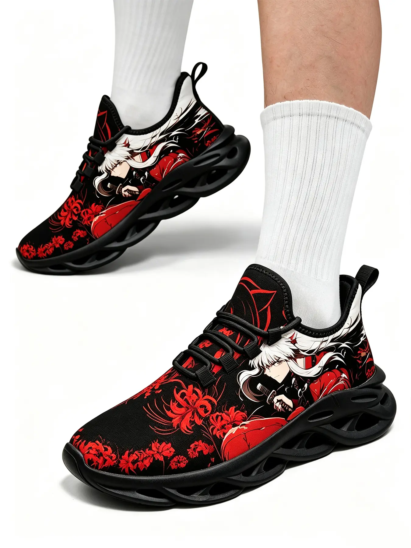 Inuyasha Anime Character Blade Sneakers Men Women Breathable Mesh Men'S Lace Up Running Shoes Black Red Print Design Art Hollow Wave Sole Street Casual Trainers Versatile For Daily Outings