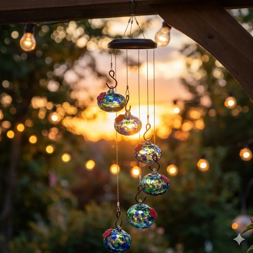 HEADAK LIFE Hanging Hummingbird Feeder with Perches, 6 Hand-Blown Glass Orbs, Colorful Cascade Outdoor Garden Decor for Porch Patio Backyard, Bird Lover Gift