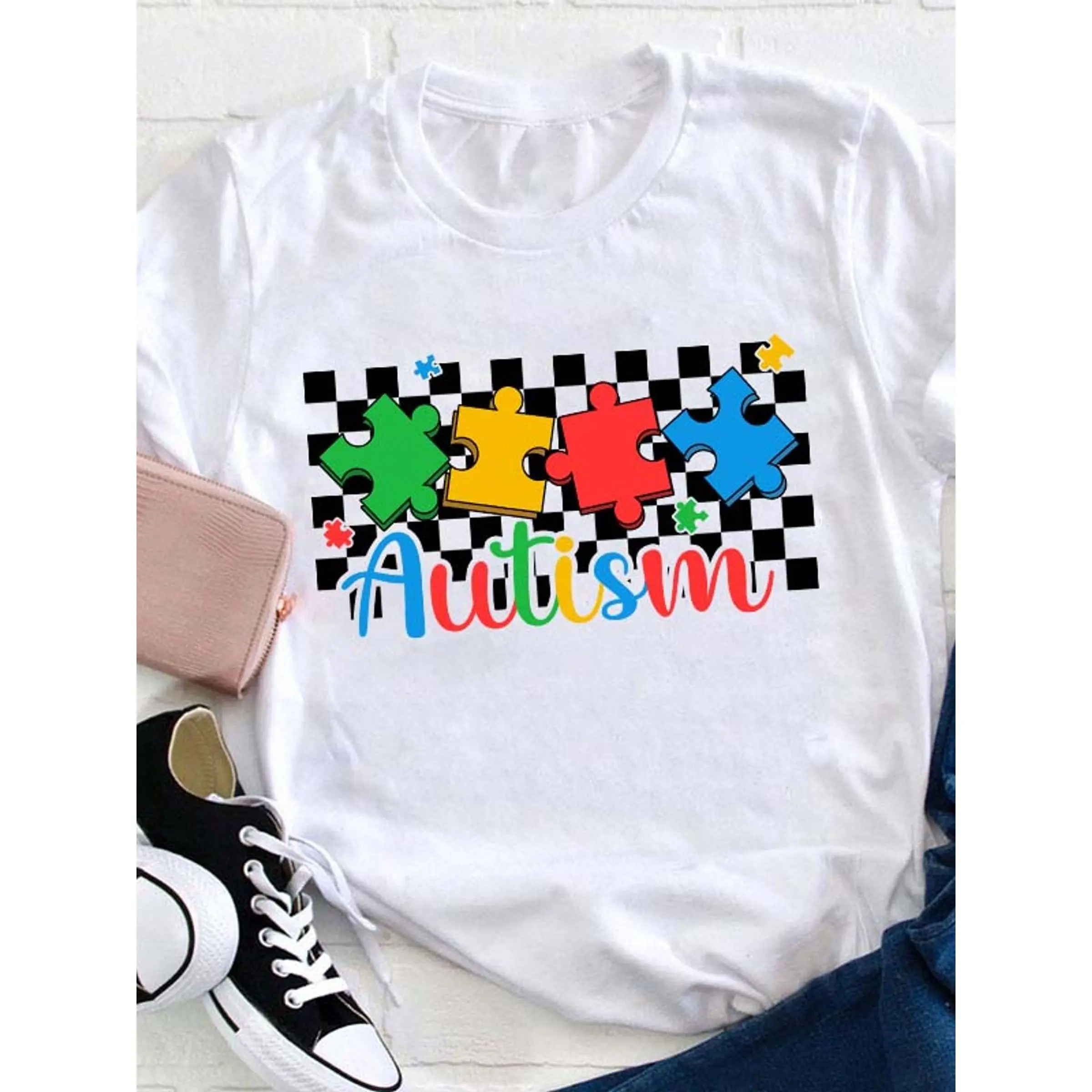 Women's Autism Awareness Puzzle Graphic T-Shirt - Soft, Casual Loose Fit, Round Neck, Short Sleeve, Colorful Puzzle Pieces Design with "AUTISM" Lettering, Perfect for Spring/Summer/Fall,cotton graphic tees