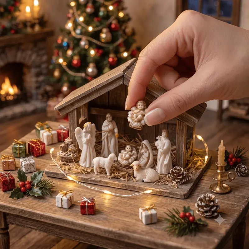 Collectible Statues 7pcs Miniature Nativity Scene Set, Including Holy Family Figurines and Flock of Sheep – Made of Durable PVC and Resin, Christmas Decoration, Religious Decorations, Suitable for Home Decor, Religious Displays