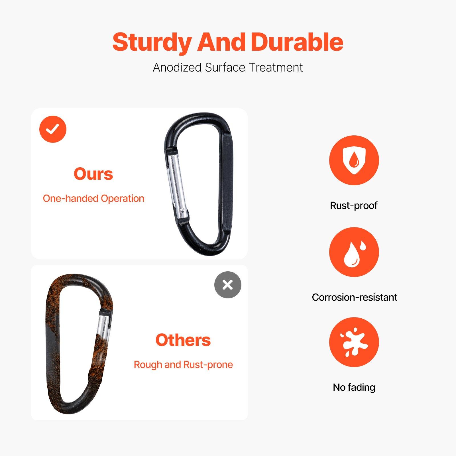 VEVOR 10 PCS Black Carabiner, Caribeaner Clip, Spring Snap Hook for Keychain Clip, 3.07" Aluminum Alloy D Ring Shape Carabeaner with 20 PCS Keyring, Multipurpose for Camping, Hiking, Backpacking