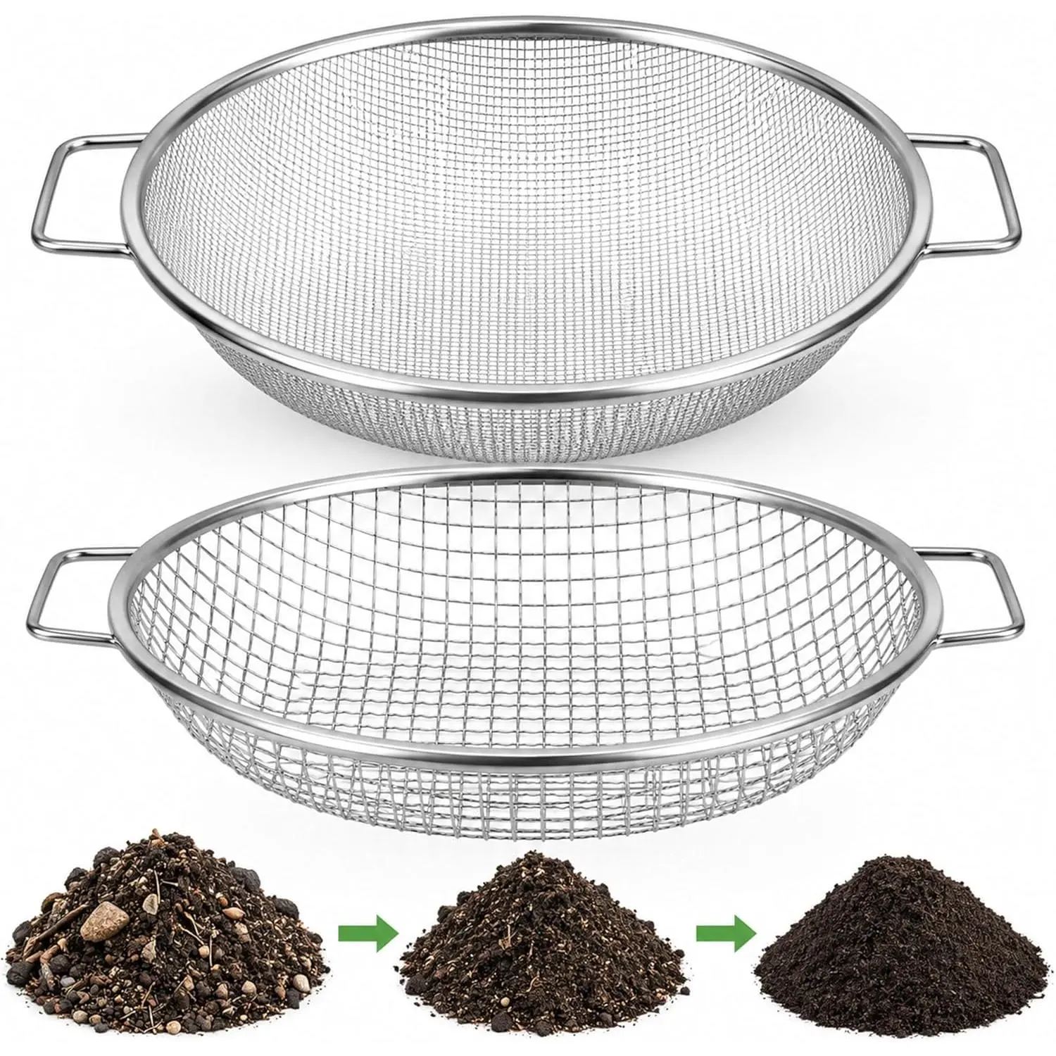 2PCS Garden Soil Sifter Sieve with Handles, 11"x2.6" Dirt Sifters with 1/4"-1/8" Mesh for Compost, Gravel, Rocks, Sawdust, Worm Castings, Garden Beds & DIY Landscaping