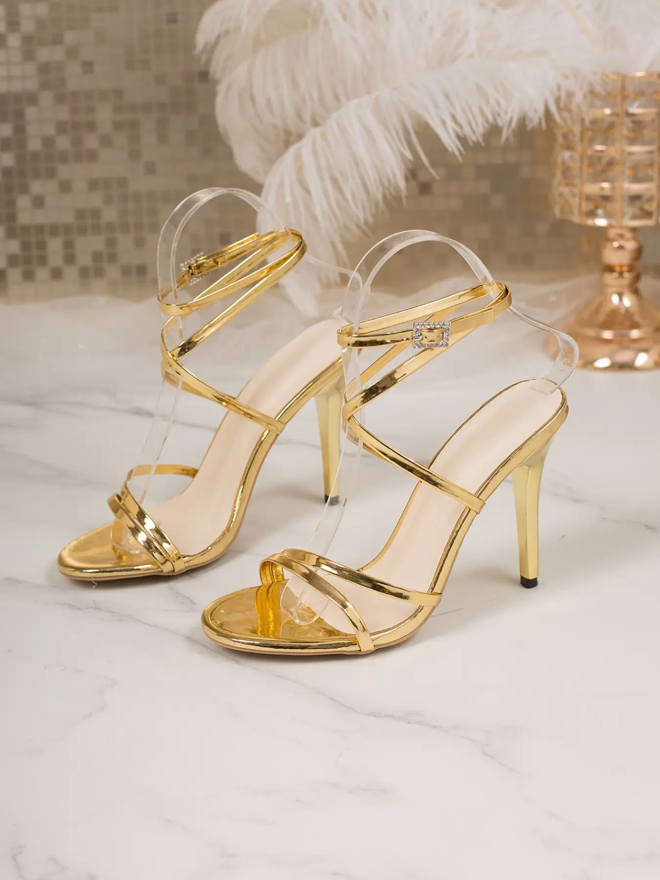 Women Metallic Patent Square Open Toe Crisscross Wrap Ankle Rhinestone Buckle Stiletto Heel Sandals, Soft Cushioned Anti-Slip High Heels, Wedding Prom Evening Club Elegant Party Footwear, 2 Colors Gold Silver