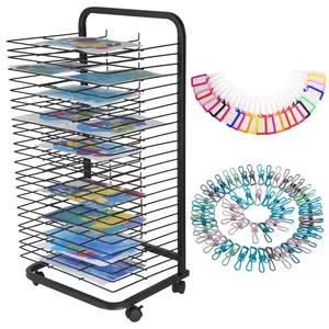GARVEEArt Drying Racks available in two sizes: 25-shelf model at 41.5 inches high and 16-shelf model at 26 inches high, both designed for studio use with mobility and locking wheel features for convenience.