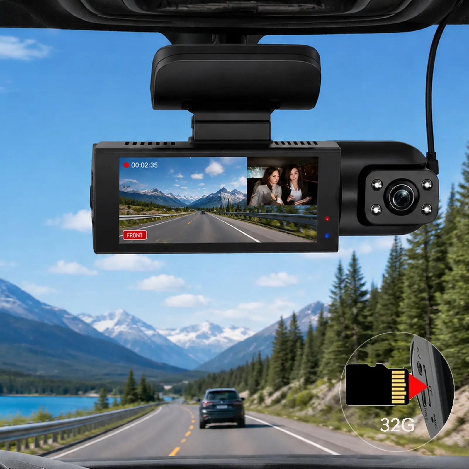Shock-resistant dual-lens (front and rear) dashcams for cars; includes 32GB memory card; wide-angle lens with infrared night vision; 3.16-inch IPS HD dual-view display (non-rechargeable; requires a constant power connection)